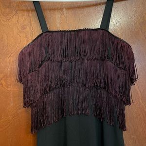 1970s/1980s Vintage black maxi dress with burgundy fringe with matching shawl.